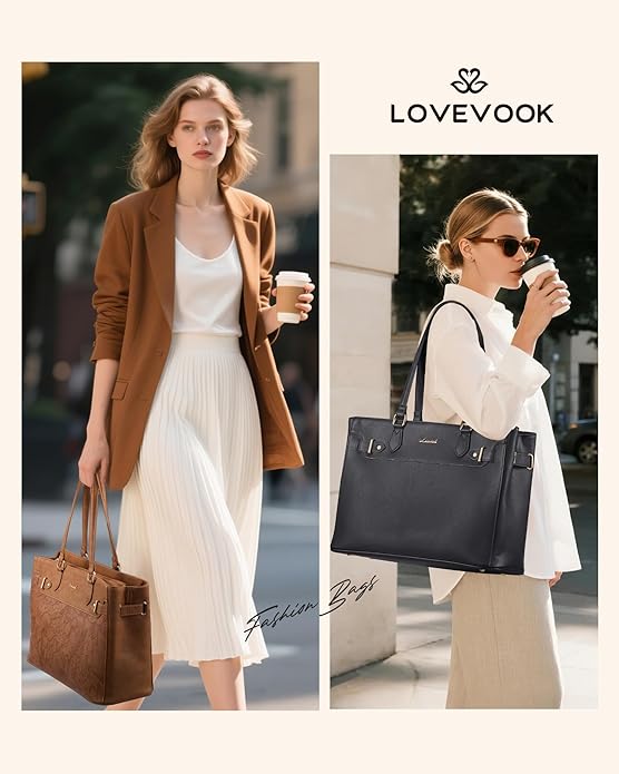 LOVEVOOK Laptop Tote Bag for Women Work, Teacher Tote Bag with Large Cup Holder, 15.6 Inch Waterproof Leather Computer Bag