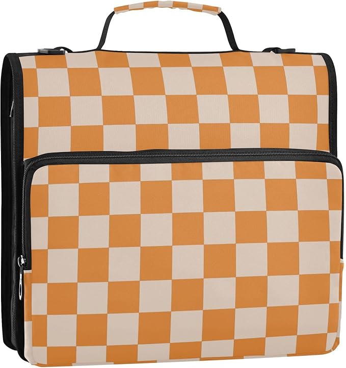 3 Ring Zipper Binder with Shoulder Strap Orange Checkerboard 1.5 inch Binders Keeper Large Capacity Multi Pockets for School Office Supplies