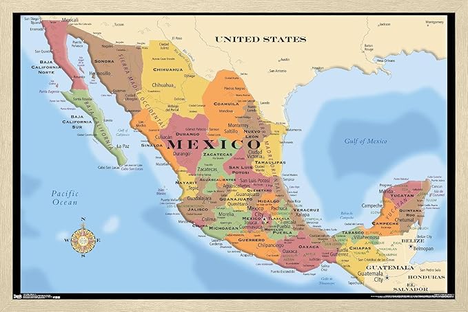 Map - Mexico Wall Poster, 34L" x 22.4W", Blonde Framed Version