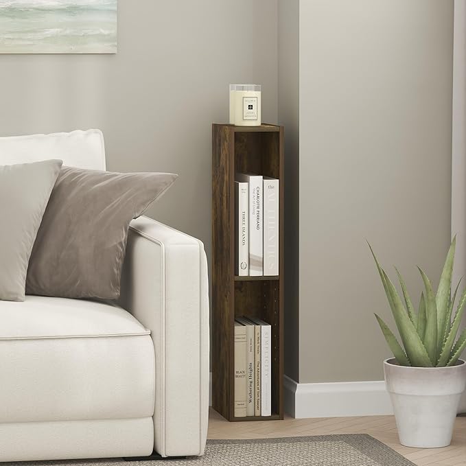 Furinno Fulda Book Shelf, 3-Tier Narrow Bookshelf, Bookcase with 6-in Width Storage Shelf, 9.3 x 5.9 x 31.5, for Living Room, Bedroom, Home Office, Amber Pine