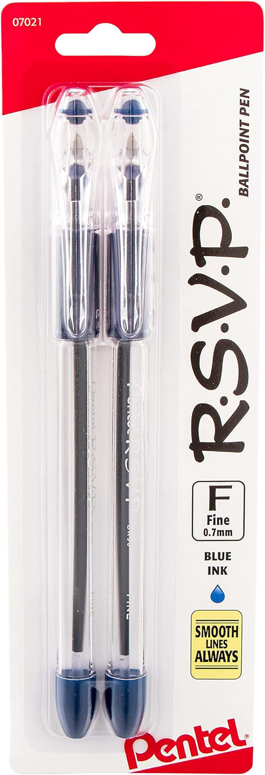 Pentel R.S.V.P. Ballpoint Pen, Fine Line, Blue Ink (BK90BP2C) (Pack of 1, 2 Count Total)