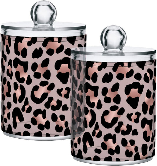 2 Pack Qtip Holder Dispenser Rose Gold Black Leopard Bathroom Storage Canister Lid Acrylic Plastic Apothecary Jar Set Vanity Makeup Organizer for Cotton Swab/Ball/Round Pads, Floss
