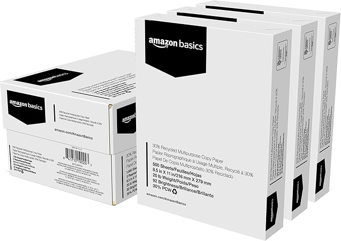 Amazon Basics 30% Recycled Multipurpose Copy & Print Paper, 8.5 x 11 Inches, 20 lb Weight, 92 Bright, White, FSC Certified, 1500 Sheets (3 Reams)