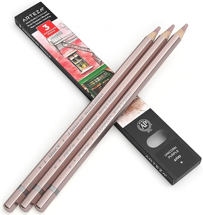 Arteza Professional Watercolor Pencils, Pack of 3, A700 Unicorn Purple, Water-Soluble Pencils for Coloring, Blending, Layering & Watercolor Techniques