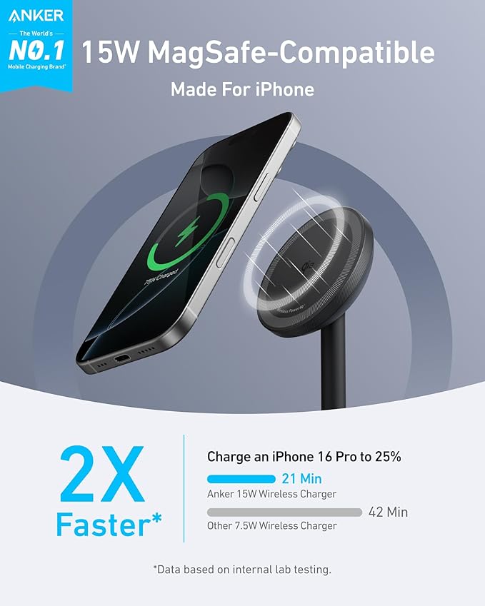 Anker MagGo iPhone 17 MagSafe Charger Compatible Stand, 15W Fast Magnetic Wireless Charging Station, Qi2 Certified 360° Wireless Charger, Magnetic Stand for iPhone 17/16/15/14/13 Series (With Adapter)