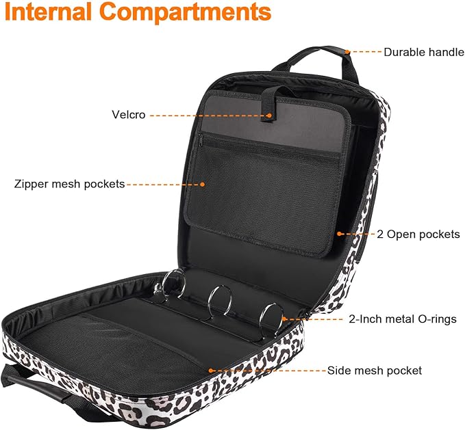 3 Ring Zipper Binder 2 Inch with Shoulder Strap 500 Sheet Capacity & Multi-Pockets for School and Office Binder Organizer, Compatible with 13-Inch MacBook/Tablet (Patent Design Leopard)
