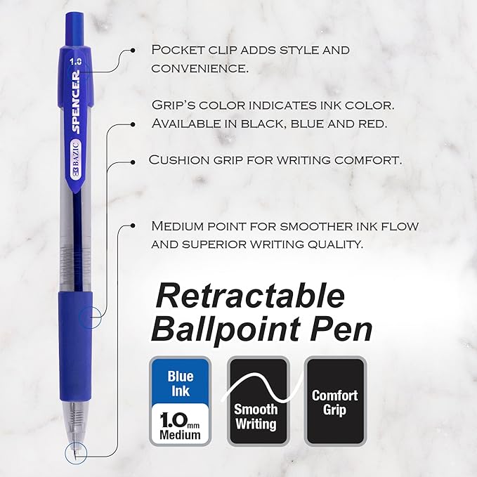 BAZIC PRODUCTS Gel Pens, Spencer Retractable Gel Pen, 1.0 mm Bold Tip for Smooth Writing for Office, School, or Teacher Use, Premium Writing Pens (5/Pack), 144-Packs