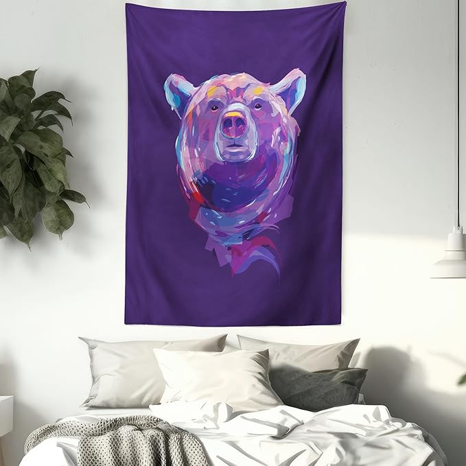 Ambesonne Bear Tapestry, Abstract Portrait with Digital Brushstrokes Wildlife Mascot Display, Wall Hanging for Bedroom Living Room Dorm Decor, 60" X 80", Purple Pink Sky Blue