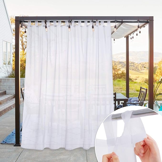 NICETOWN White Sheer Outdoor Curtain for Patio Waterproof, Self Sticky Tab Top Sheer Voile Panel Airy & Breathable Drapes with Rope Tie Back Porch/Pool, 1 Pack, W100 x L120