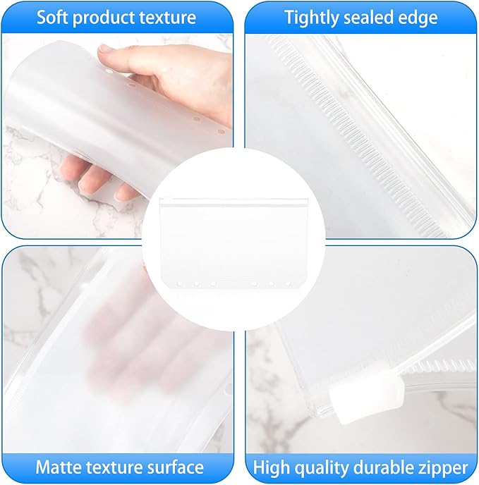 60pcs A6 Binder Pockets 6 Holes Zipper Folders Clear PVC Card Loose Leaf Bags Cash Envelopes for Budgeting Binder Waterproof Document Filing Bags for 6 Ring Notebook Planner Inserts