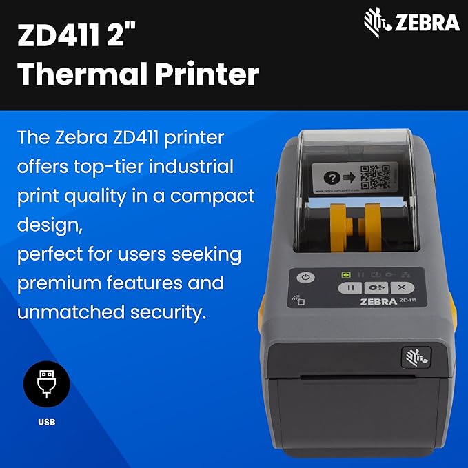 Zebra ZD411 Thermal Shipping Label Printer 2" | 203 DPI | No Ink Required | 2" Wide | USB | 1 Year Warranty | Direct Thermal