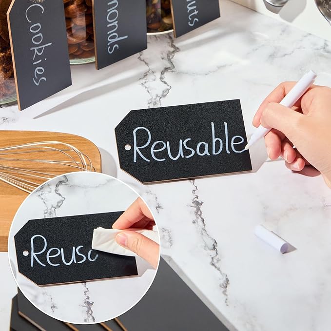 Talented Kitchen Wood Chalkboard Tags - Hanging Chalkboard Label Tags with String - Farmhouse Kitchen Pantry Basket Labels - 4.33"x 2.5", Pack of 24, Black