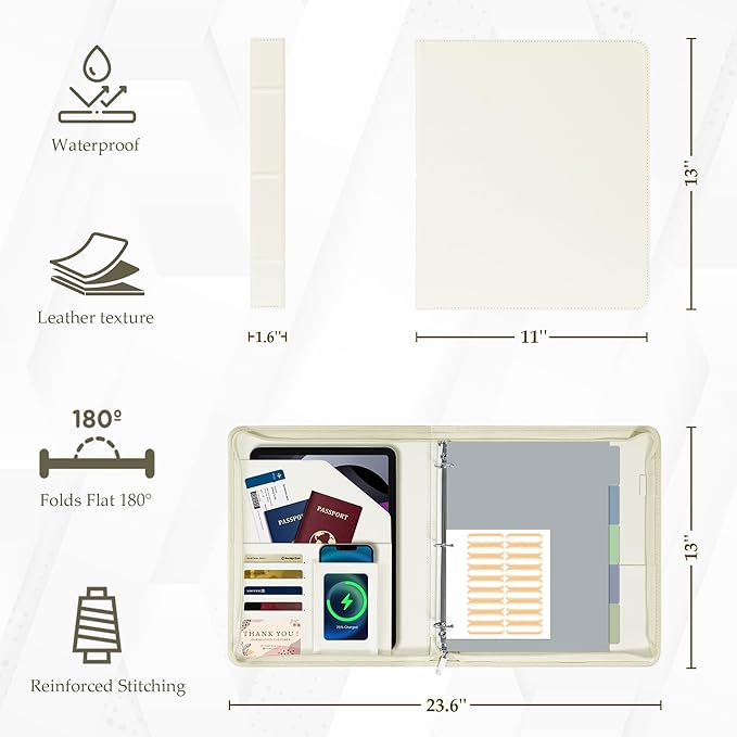 EYROZILL Zippered Leather 3 Ring Binder Organizer with Pockets – Business Portfolio Folder with Card Slots, Phone Holder, Pen Loop (Beige)