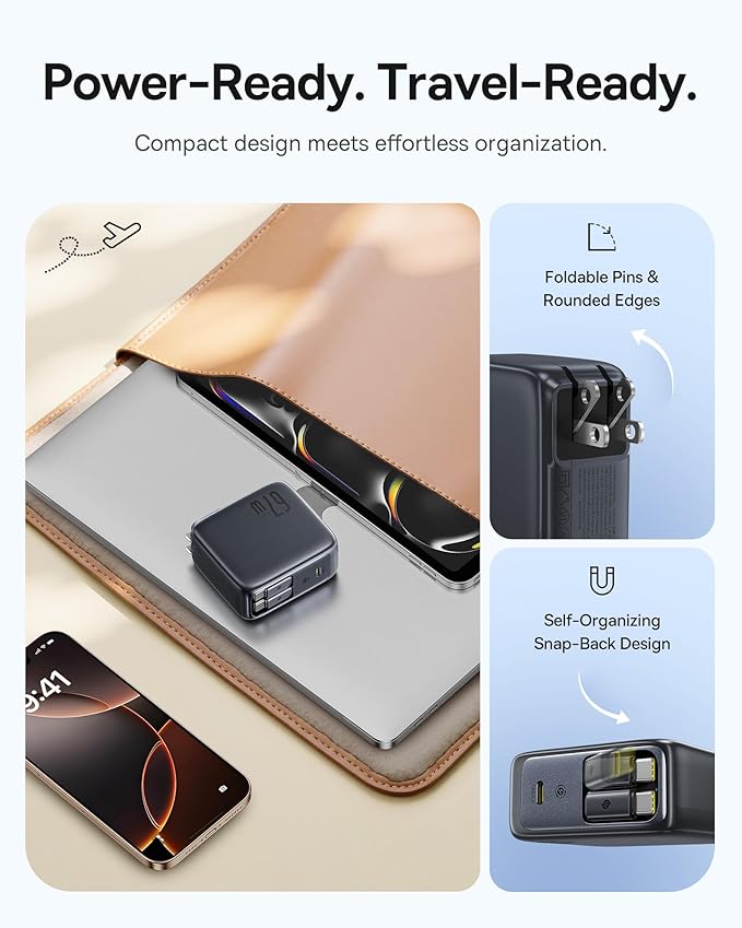 Baseus Enercore CJ21 67W USB C Charger, 3 in 1 Fast Charging Block with 2 Retractable Cable & Foldable Plug, PD/PPS for Galaxy S25/iPhone 17/16/15 Series/MacBook Air/Airpods 4