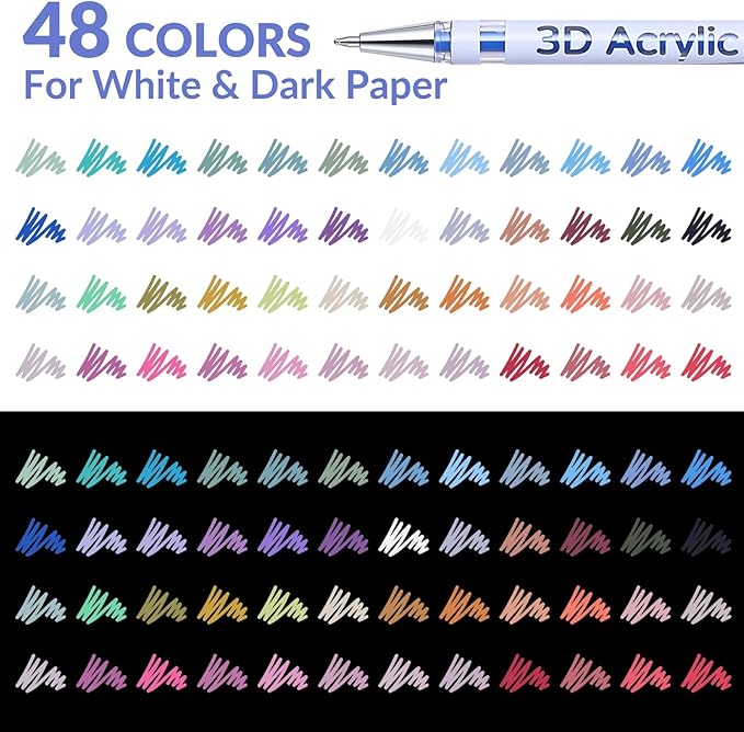 3D Acrylic Gel Pen,48 Colors gel Pens With 1mm Bullet Tip Point, Acrylic Paint Pens for Black Paper,Rock Painting, Glass, Wood, Fabric,Cards,Scrapbook,DIY Art Crafts