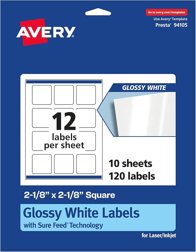 Avery Glossy White Square Labels, Sure Feed Technology, 2-1/8" x 2-1/8", 120 Glossy White Labels, Print-to-The-Edge, Permanent Adhesive, Laser/Inkjet Printable