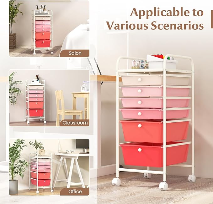 COSTWAY 6-Drawer Rolling Storage Cart, Multifunctional Art Craft Tools Organizer on Wheels, Heavy Duty Utility Mobile Storage Trolley w/ 2 Lockable Wheels for Home Office School, Mixed Pink