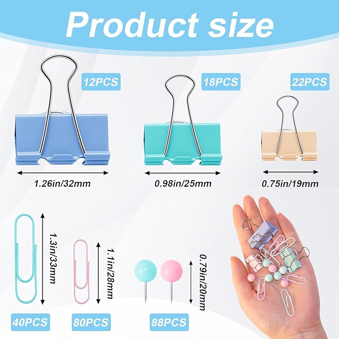 260 Pcs Binder Clips Assorted Sizes & Paper Clips Set with Push Pins | Cute All-in-One Office Supply Kit for School, Home & Desk Organization