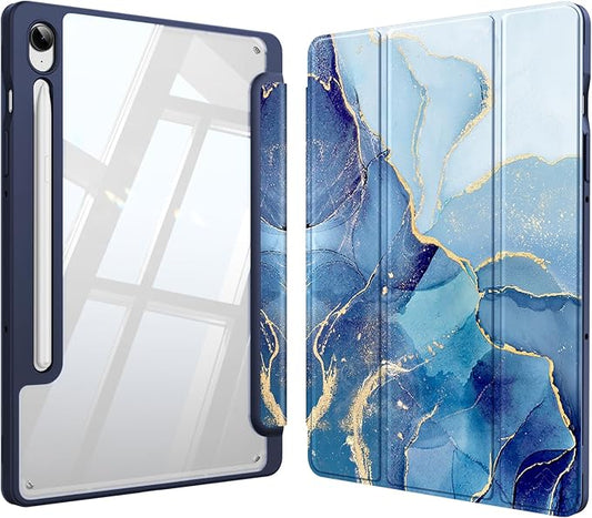 Fintie Hybrid Slim Case for Samsung Galaxy Tab S10 Lite/ S10 FE/ S9 FE 10.9 Inch/Tab S9 11 Inch with S Pen Holder, Shockproof Cover with Clear Transparent Back Shell, Auto Wake/Sleep, Ocean Marble