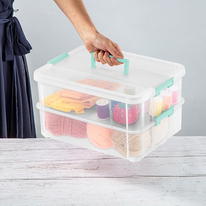 Sterilite 12-Pack Stack & Carry, 2 Layer Handle Box for Home & Office Storage - Clear Base & Lid with Color Latches, Organizer for Art & Craft Supplies, Sewing Tools or 8.5" x 11" Paper
