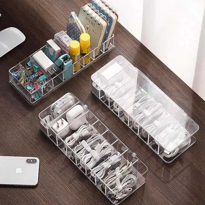 Clear Cable Management Box with Lid, 26x9x5.5cm, Desktop Cord Organizer with Compartments (1, 10.2 x 3.5 x 2.2)