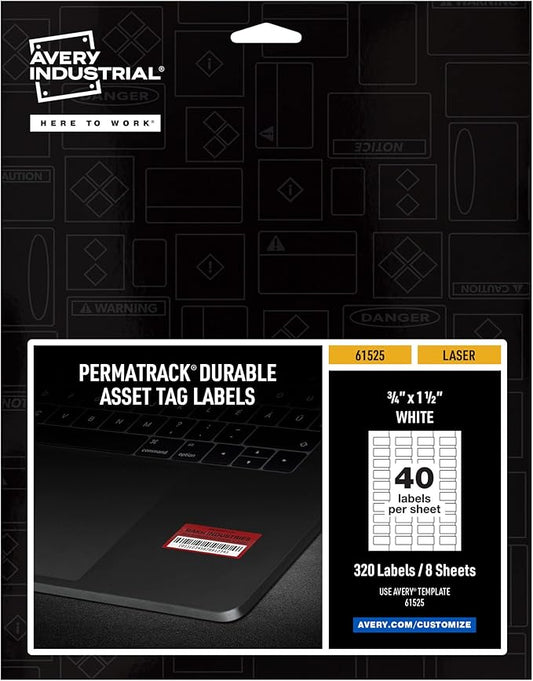 Avery White Asset Tag Labels, 3/4" x 1-1/2", Laser Printable Tags, 320 Waterproof Labels (61525)