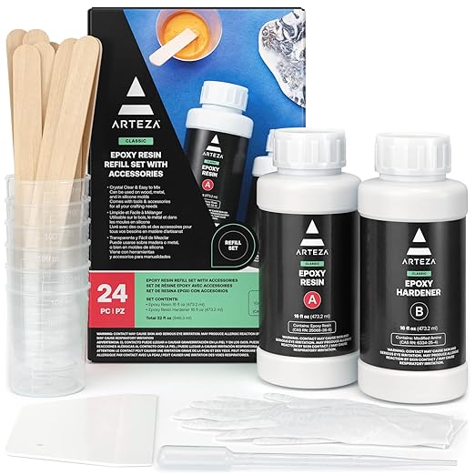 Arteza Epoxy Resin Kit, 24-Piece Refill Set, Engaging Craft Supplies & Materials, Resin Accessories Includes 2 x 8-oz Bottles and Hardener, Gloves, Dropping Pipette, Mixing Cups and Wood Sticks