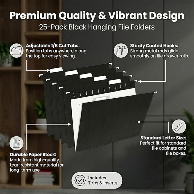 Black Hanging File Folders,25 Packs Letter Size File Folder,Designed for Bulky Files,Filing Cabinet,1/5 Adjustable Tabs for Office,School,Home