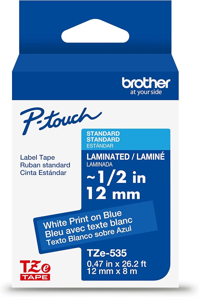 Brother Genuine P-Touch TZe White Print on Blue Label Tape (TZe535), Laminated,1/2in x 26.2ft (12mm x 8m), for Select P-Touch Label Makers, Durable, Water-Resistant, Indoor/Outdoor Use