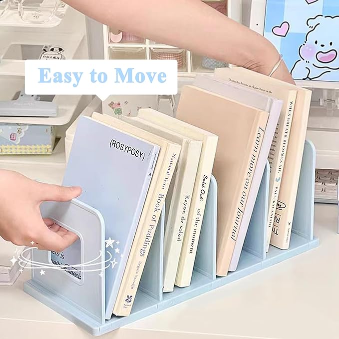 SAYEEC Desk File Sorter Vertical Desktop File Folder Organizer 4 Section Plastic Book Holder Adjustable Shelf Dividers Closet Purse Handbag Mail Binder Organizer Magazine Rack Stand Bookshelf (Blue)
