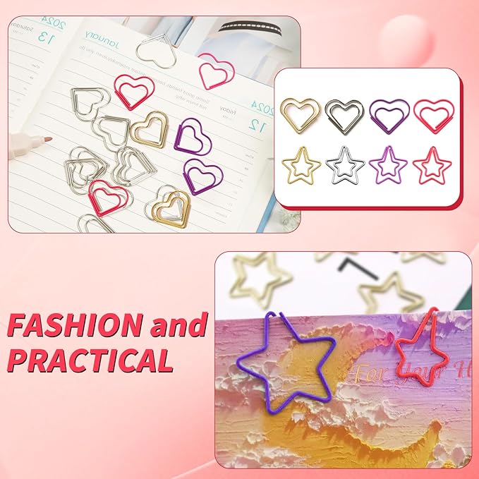 Hesena 200 Pcs Cute Paper Clips Set, 100 Pcs Heart & 100 Pcs Star Shaped Shape Paper Clipss, for Office and Home (Heart Shape+Star Shape)