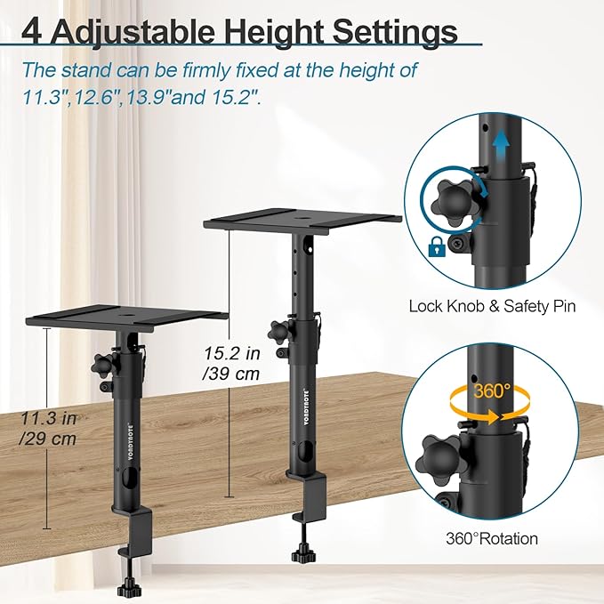 Set of 2 Sturdy Studio Monitor Stands Desktop Clamp Speaker Stands with Cable Management