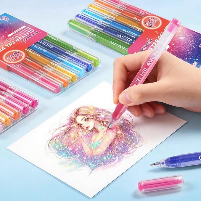 Glitter Gel Pens, 6 Colors Double Shining Colors Green Glitter Metallic Gel Ink Pen with 1.0 mm Large Capacity Smooth Writing Color Pens for Adult Coloring Note, Drawing, Art Supplies
