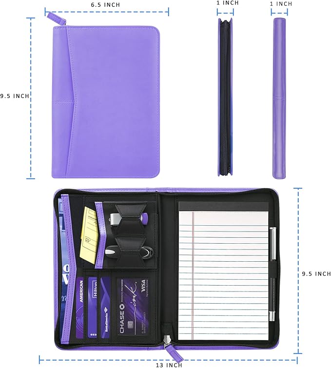 Small Portfolio Organizer, A5 Zippered Business Portfolio, Junior Padfolio Folder Binder for Women & Men, 5 x 8 Writing Pad Included, Purple