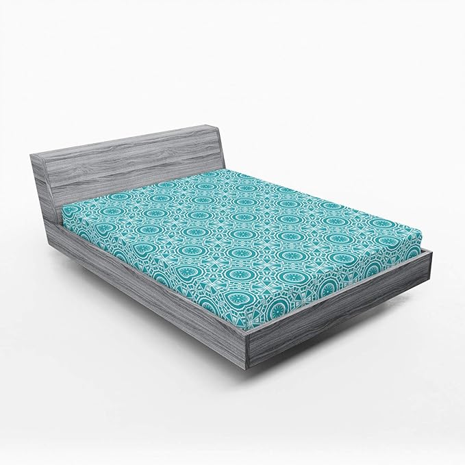 Ambesonne Boho Fitted Sheet, Continuous Abstract Pattern with Modern Mandala Effect Monochrome, Bed Cover with All-Round Elastic Deep Pocket for Comfort, Queen Size, Dark Seafoam and White