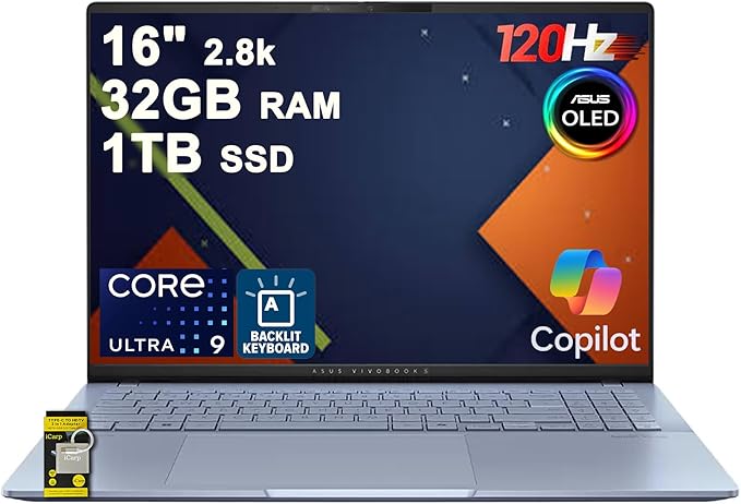 ASUS Vivobook S16 AI PC Laptop 16" 2.8k OLED 120Hz (600nits HDR, 100% DCI-P3) Intel 16-core Ultra 9 285H 32GB DDR5 1TB SSD Backlit for Creator Business Professional Work Win11 ICP Hub/Copilot+ AI