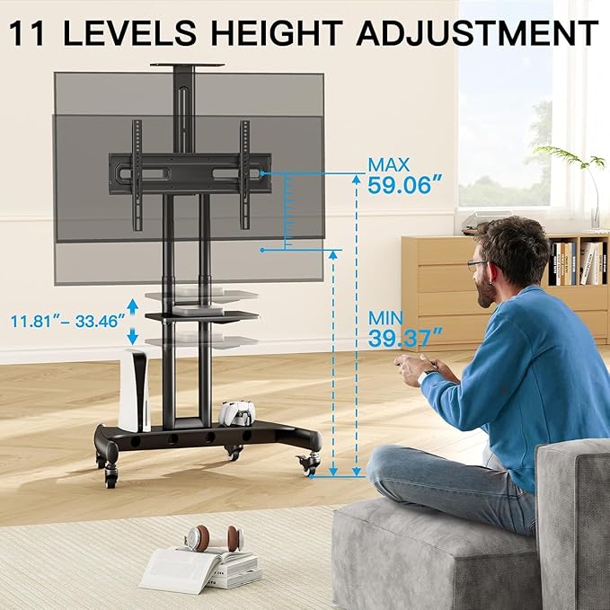 PERLESMITH Rolling TV Stand with Wheels for 32-85 Inch LCD LED 4K Flat Screen TVs, Tilt Mobile TV Cart with Shelf Holds Up to 100 lbs, Height Adjustable Floor TV Stand Max VESA 600x400mm- PSTVMC05