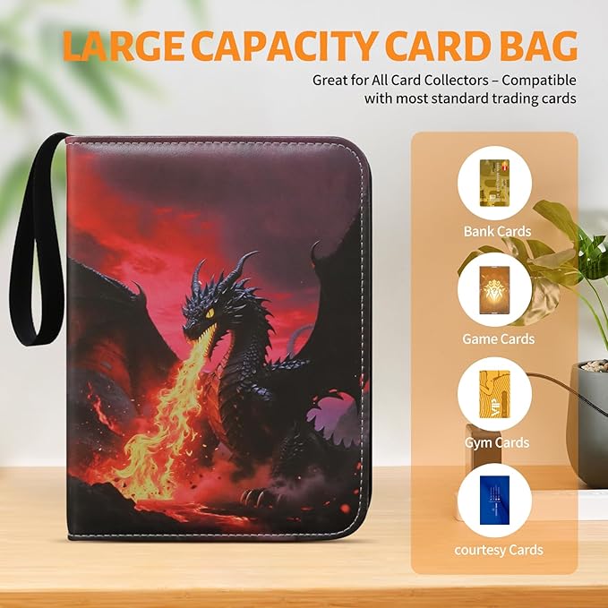 Trading Card Binder–Deluxe Fire Dragon 4-Pocket Side-Loading Zipper Album with 50 Sleeves and 400 Pockets–Fits Sleeved Cards–Ideal for TCG，MTG, Sports Collector