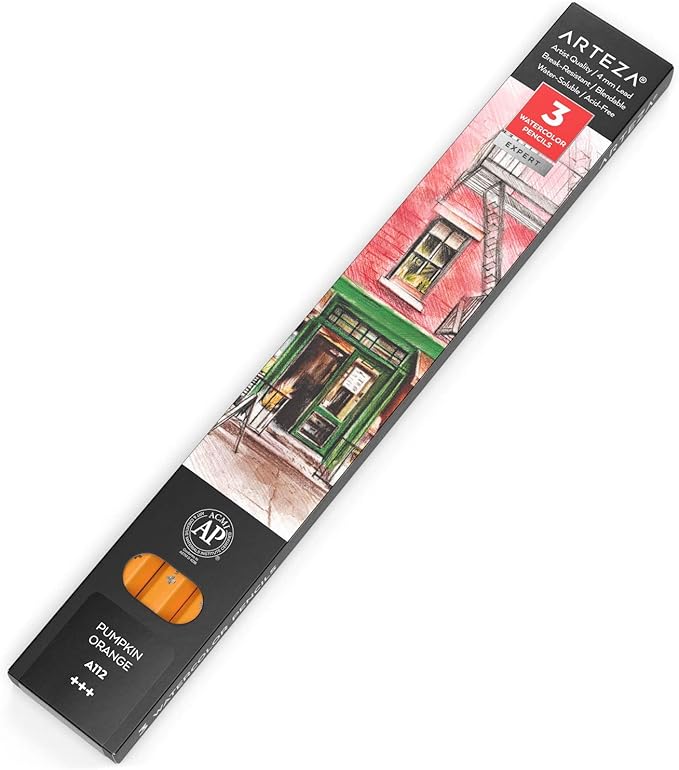 Arteza Professional Watercolor Pencils, Pack of 3, A112 Pumpkin Orange, Water-Soluble Pencils for Coloring, Blending, Layering & Watercolor Techniques