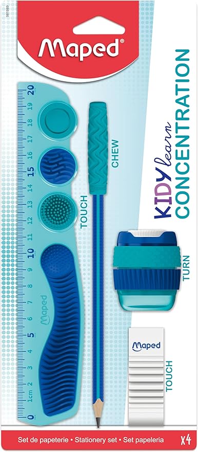 Maped -4-piece set Kidy Learn Concentration - Ruler - Pencil sharpeners - Eraser - Graphite relaxing tip - Sensory stimulation - improve concentration - recommended by teachers