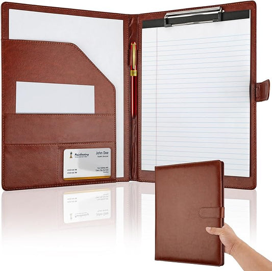 Professional Padfolio with Clipboard, Faux Leather Portfolio Folder Binder, Legal Pad Holder for A4 Letter Size Notepad, Resume, Writing Pad, Ideal Organizer for Business Office Conference (Brown)