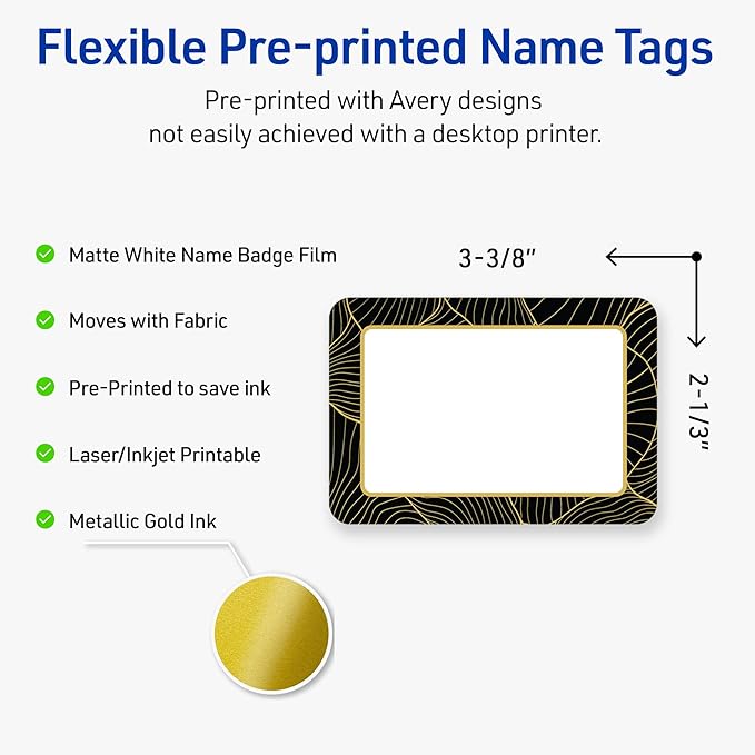 Avery Printable Rectangle Adhesive Name Badges, Pre-Printed Black Border with Gold Pattern, Matte White, 2-1/3" x 3-3/8", Laser & Inkjet Compatible, 80 Total, Great for Branding, Marketing, and Events