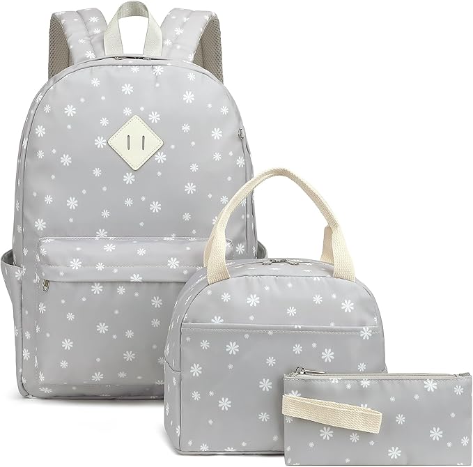 Flowers School Backpack for Girls, 3PCS Bookbags Set with Lunch Box Pencil Pouch Elementary Middle School Bag Laptop Back Packs (Daisy Grey)
