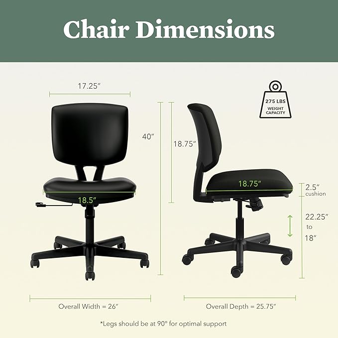 HON Volt Armless Chairs, Ergonomic Adjustable Center-Tilt Recline, Leather Back and Seat, Swivel Desk Chairs Ergonomic, Black