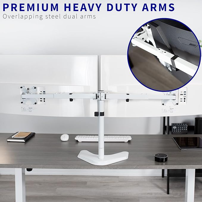 VIVO Premium Dual Ultra Wide LCD LED 27 to 38 inch Monitor Desk Stand, Heavy Duty, Free-Standing Telescoping Arms, Flush Wall Setup, Fits 2 Screens, White, STAND-TS38BW