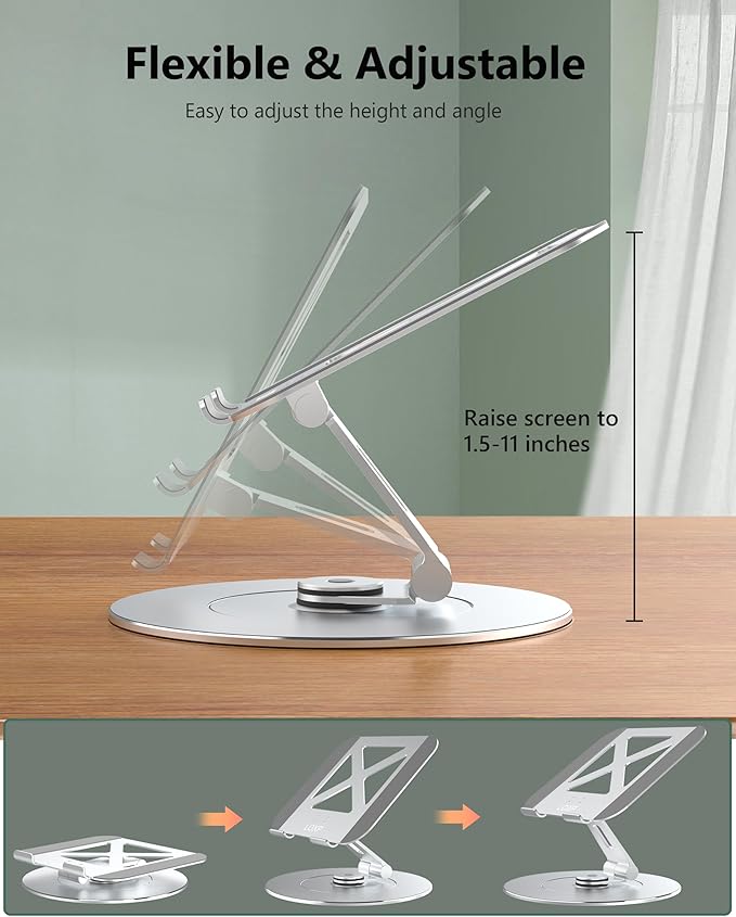 Laptop Stand with Phone Holder, Adjustable Laptop Stand, Aluminum Computer Mount Holder, Ergonomics Laptop Riser for Desk, Fits MacBook, up to 17.3" All Notebooks Silver