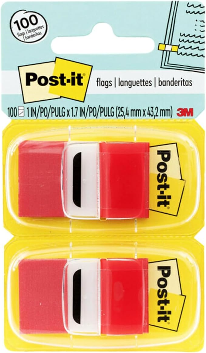 Post-it Repositionable Page Flags, Red, 1 in Wide, 50 Flags/Dispenser, 12 Dispensers (600 Total Flags) – Easily Mark, Highlight & Color-Code Documents for Quick Reference