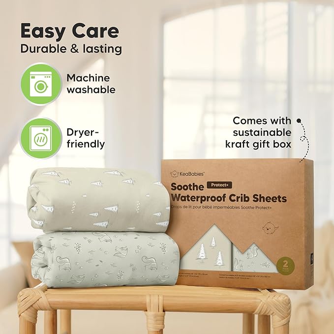 2-Pack Waterproof Crib Sheets for Boys, Girls - 52x28 Fitted Organic Cotton Baby Crib Sheets, Toddler Mattress Protector Cover, Washable, Soft & Durable Baby Bedding Essentials(Pine Grove)
