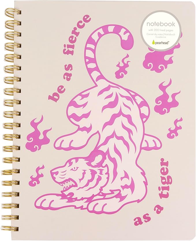 Pearhead Spiral Hardcover Notebook 8x10 – Pink Tiger College-Ruled Writing Journal with 200 Lined Pages, Perforated Paper for School, Notes & Creative Writing