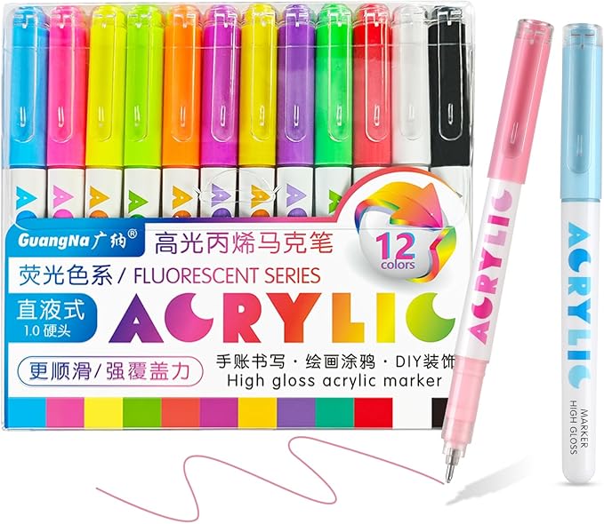 kander Acrylic Gel Pens, 12 Colors Highlighter Acrylic Gel Ink Pens with Bullet Tip,Strong Coverage, Large Ink Capacity, Multi-Purpose Paint Pens for Rock Painting, Crafts, DIY, Art Supplies